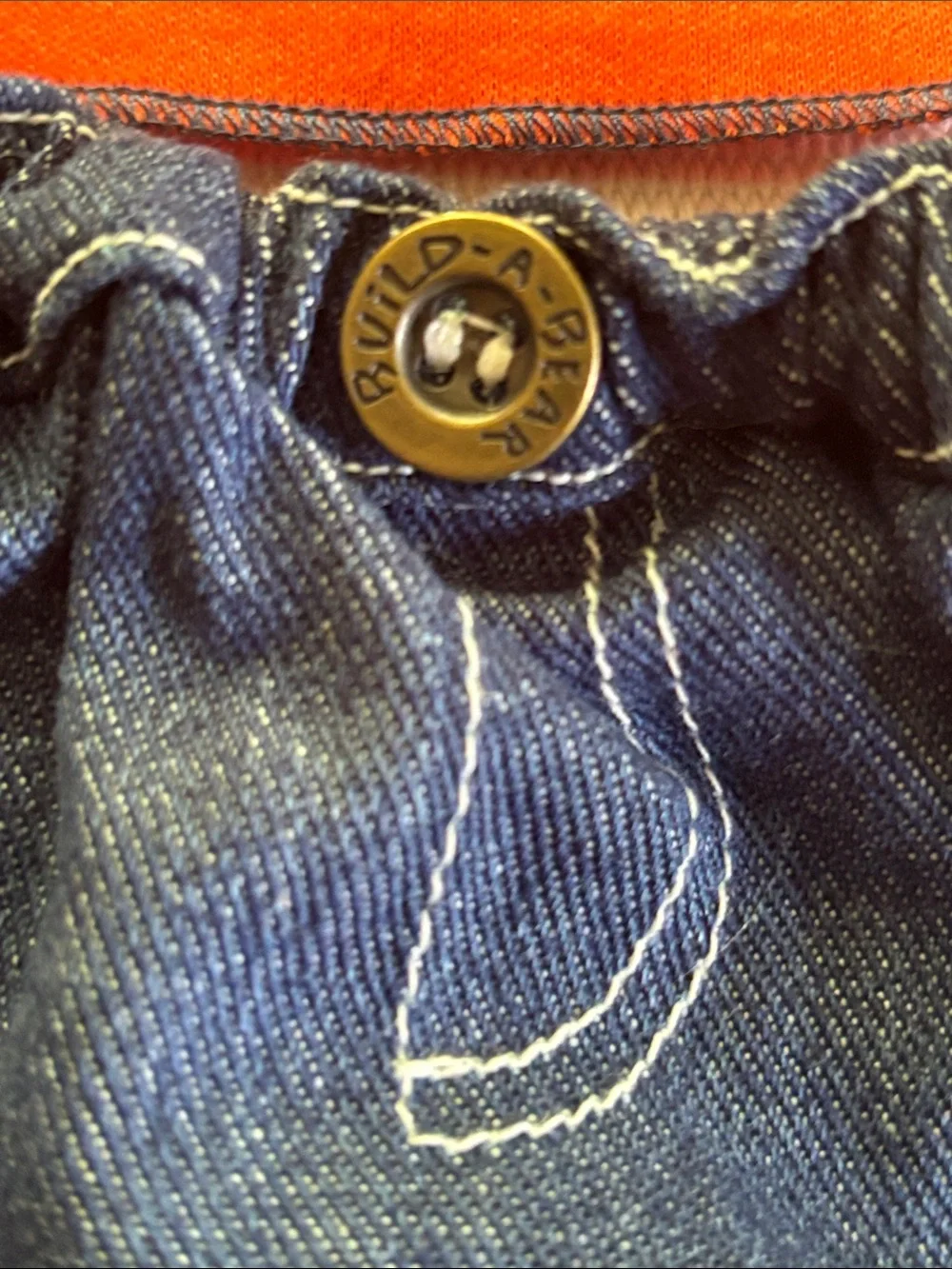 Build-A-Bear outfit orange shirt with Navy Stitching and denim mini skirt